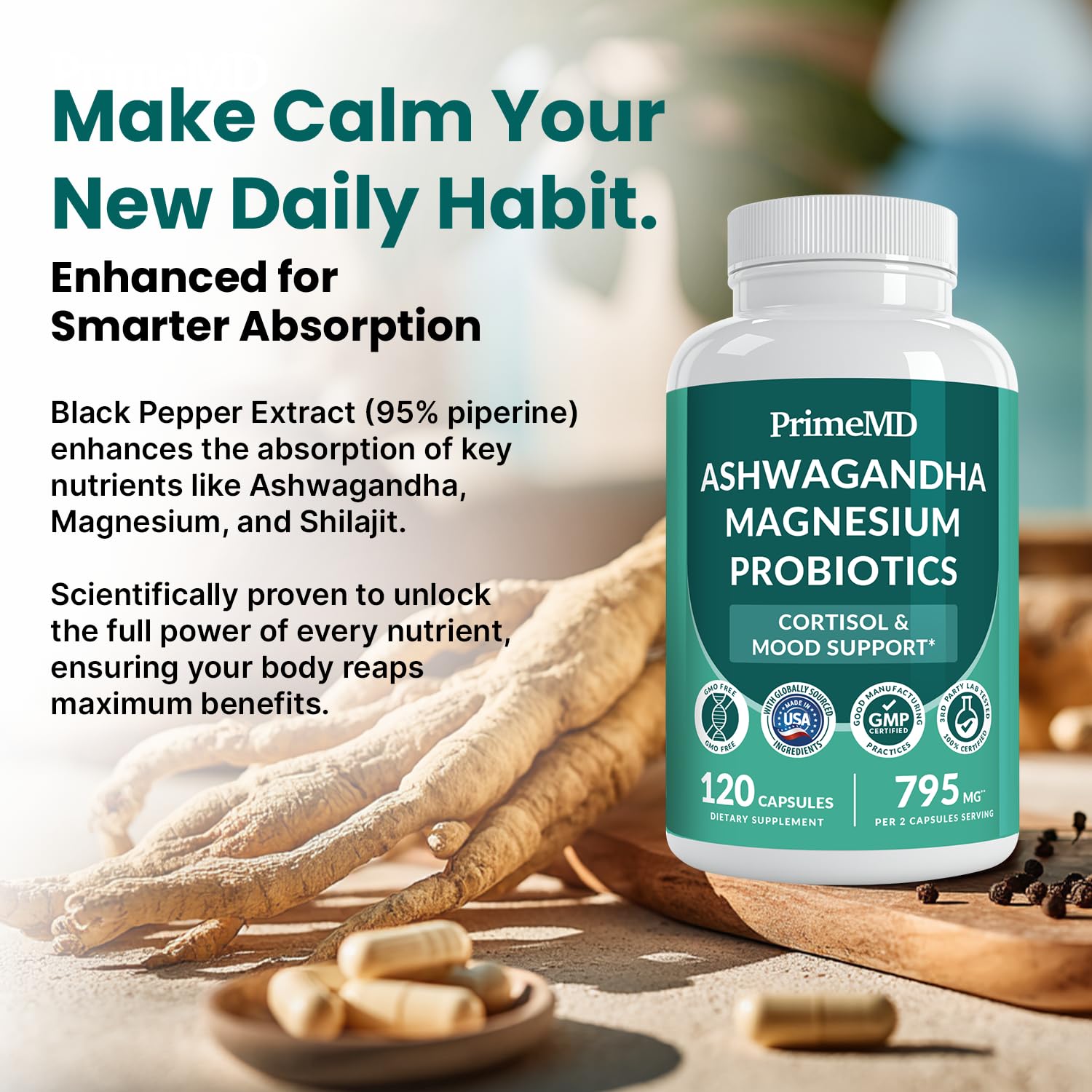 PrimeMD probiotic ingredient blend promoting gut-friendly cortisol support.
