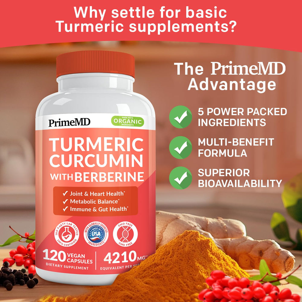 PrimeMD turmeric capsules nutrition label close-up shows potency.