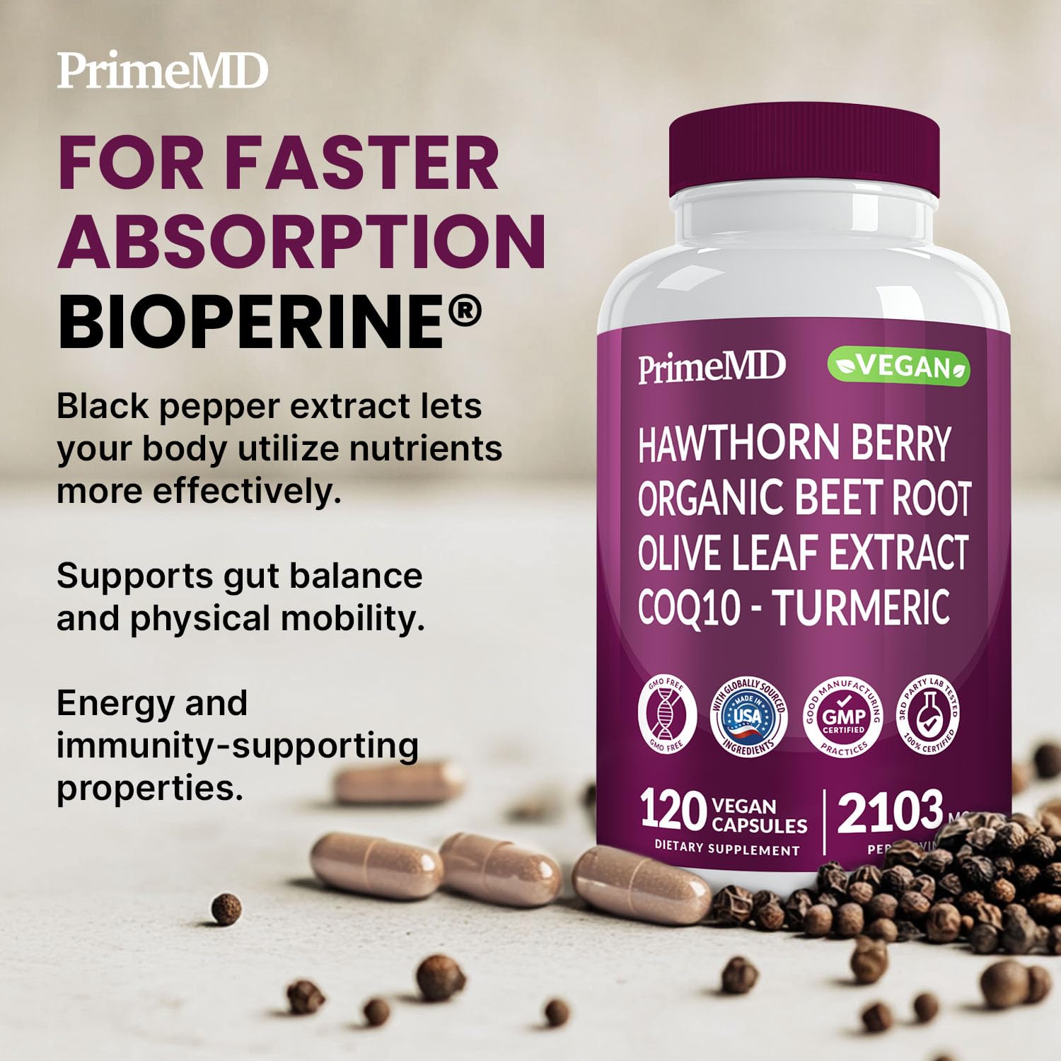 PrimeMD Turmeric ingredient image showcases herbal richness in the mix.