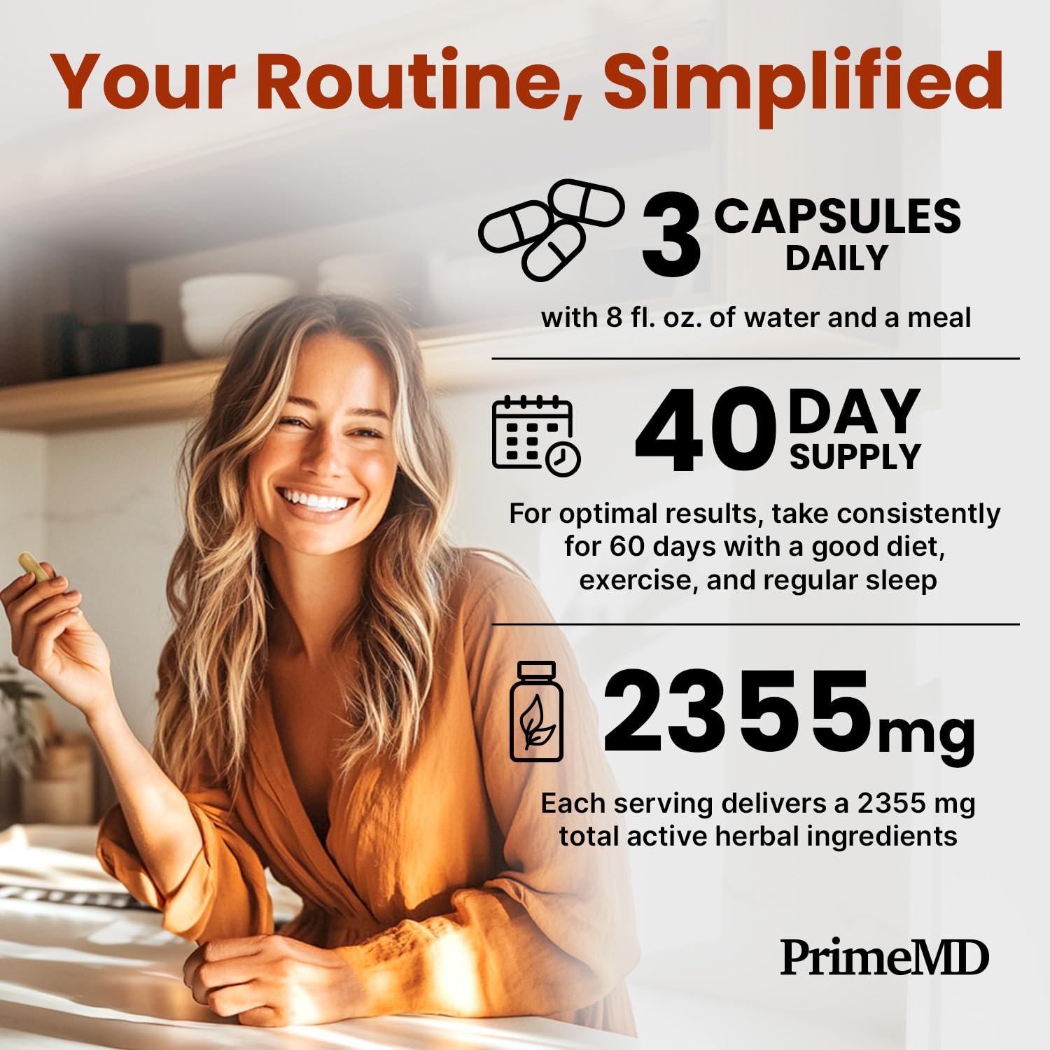 PrimeMD vegan, gluten-free, GMO-free seal on bottle.