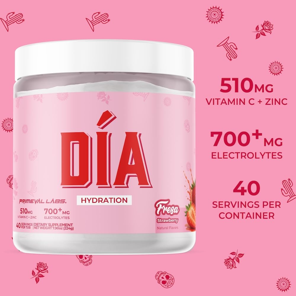 Primeval Labs DIA hydration ingredients label highlights vitamin C, zinc, and taurine.