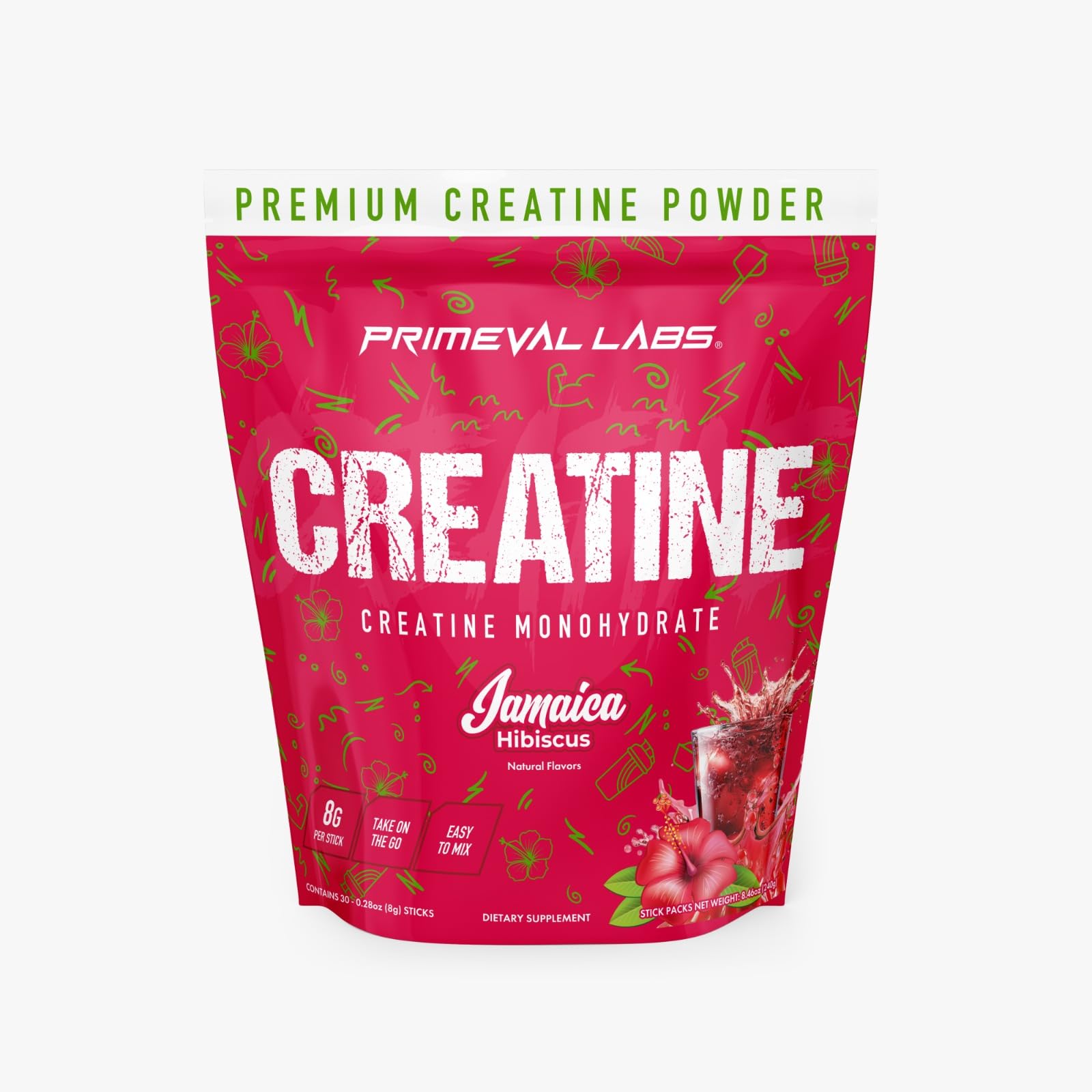 Primeval Labs Clean Creatine Monohydrate powder tub with Latin Aqua Fresca label.