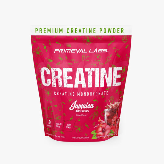Primeval Labs Clean Creatine Monohydrate powder tub with Latin Aqua Fresca label.