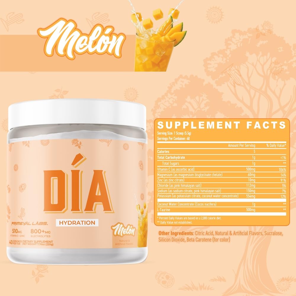 Primeval Labs DIA Hydration Melon powder dissolving in water for quick hydration.