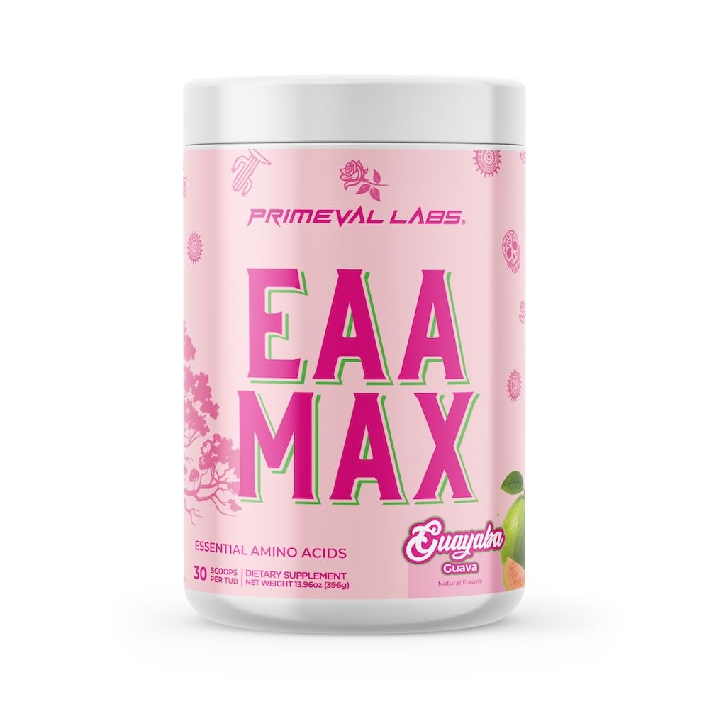 Primeval Labs EAA Max Energy bottle label highlighting full amino acid spectrum.