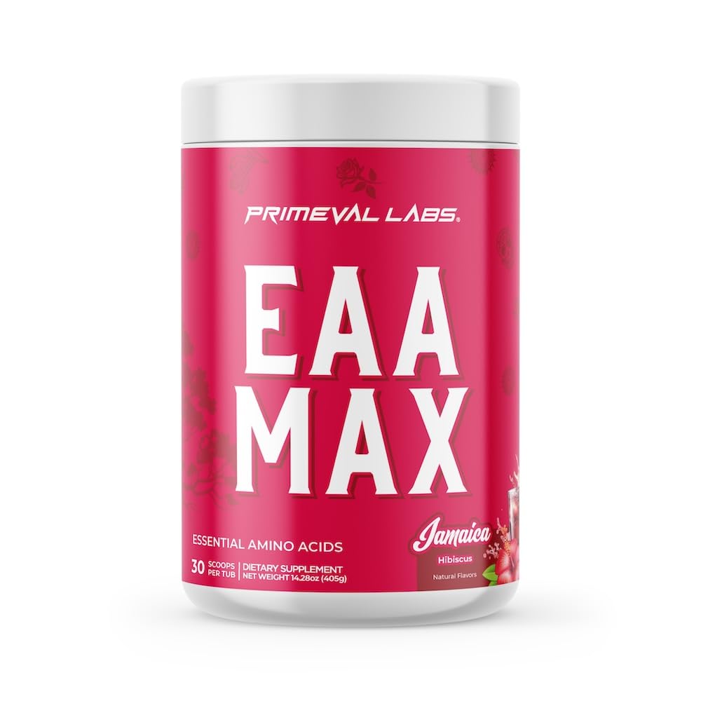 Primeval Labs EAA Max Energy bottle, keto-friendly amino support for workouts.