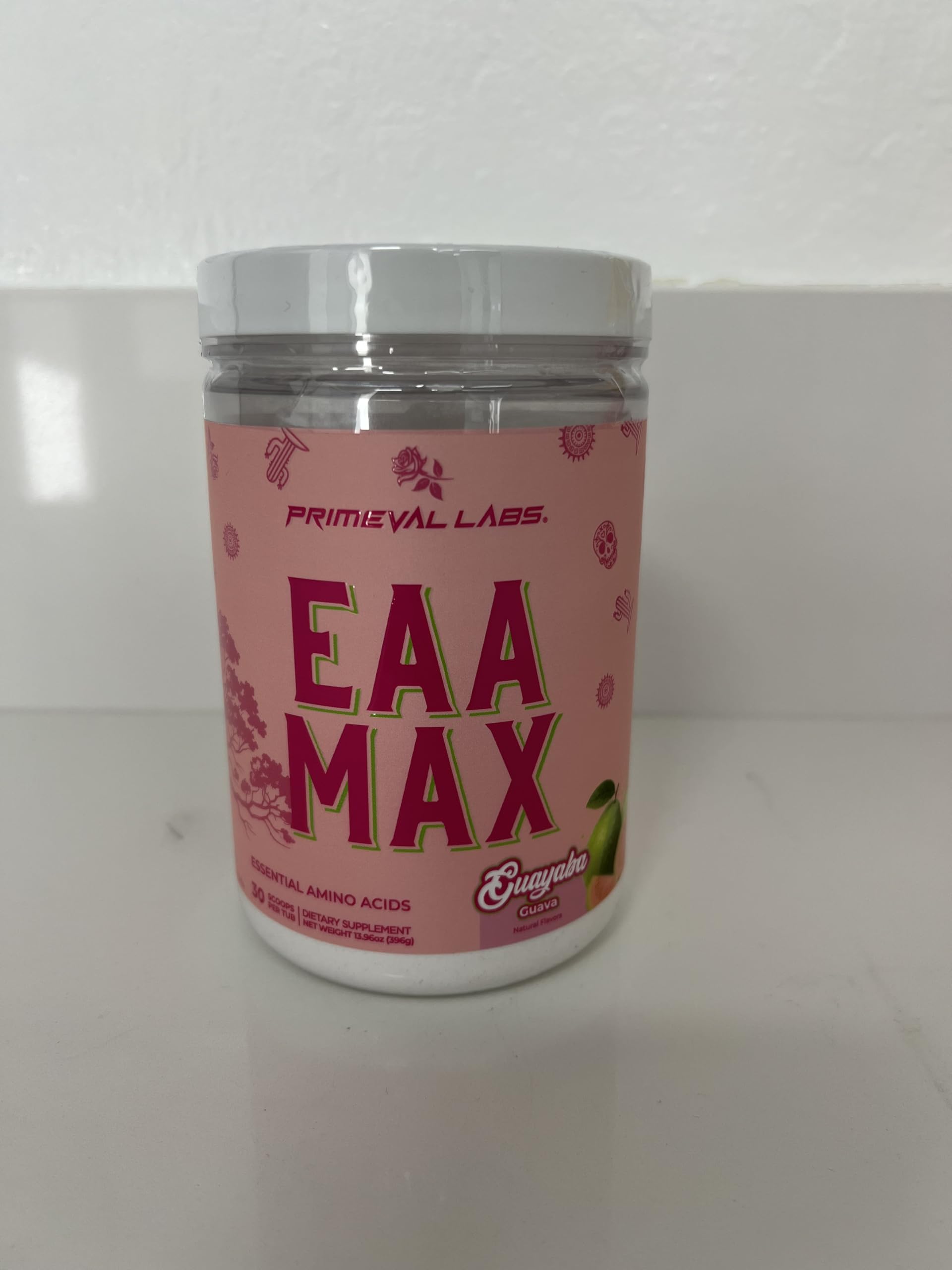 Primeval Labs EAA Max Energy guayaba flavor bottle close-up.