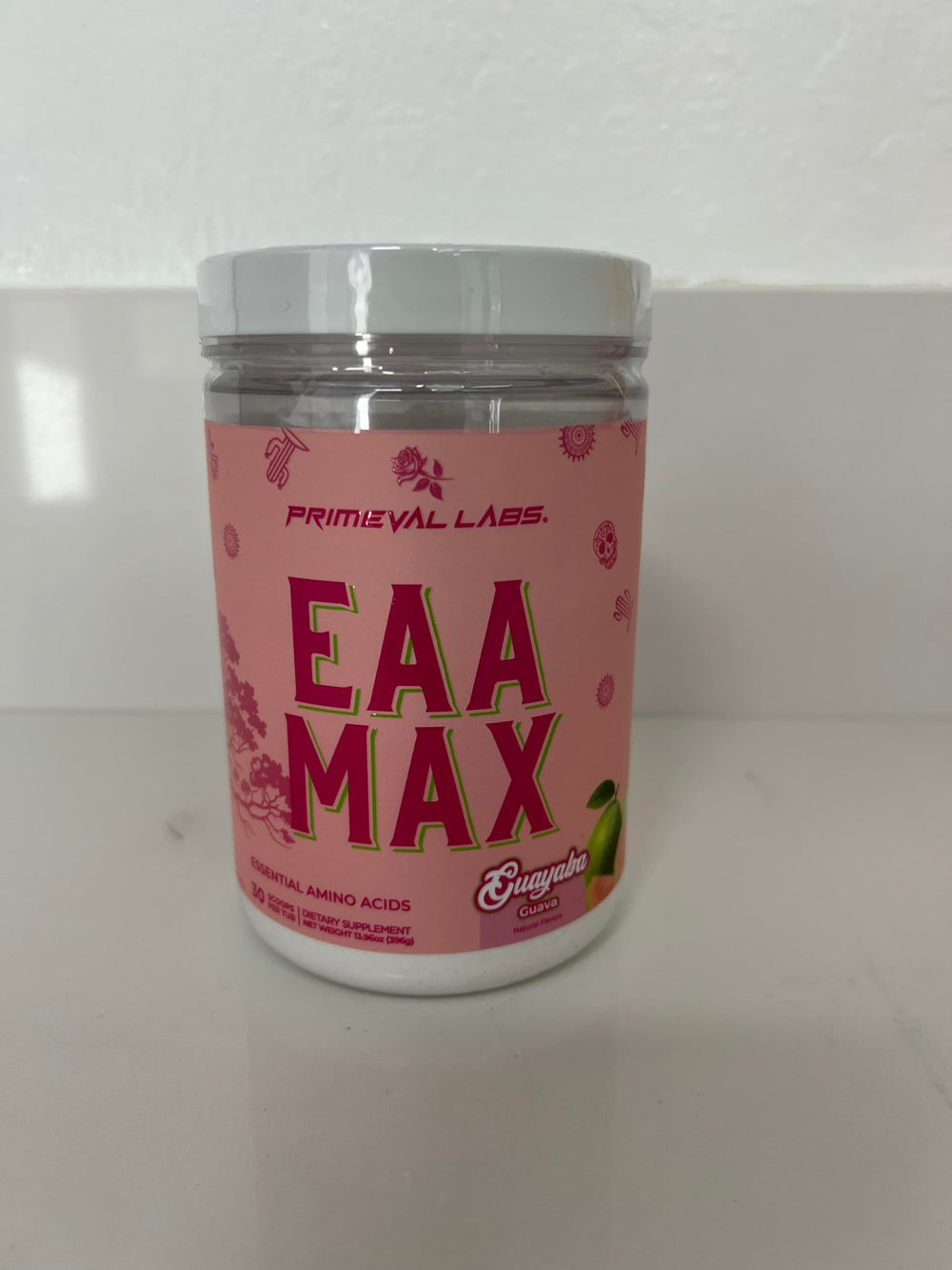 Primeval Labs EAA Max Energy guayaba flavor bottle close-up.