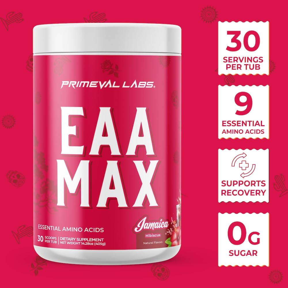 Primeval Labs EAA Max Energy label closeup showing electrolytes and nutrients.