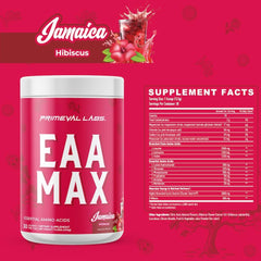 Primeval Labs EAA Max Energy scoop highlighting BCAA 2:1:1 ratio for recovery.