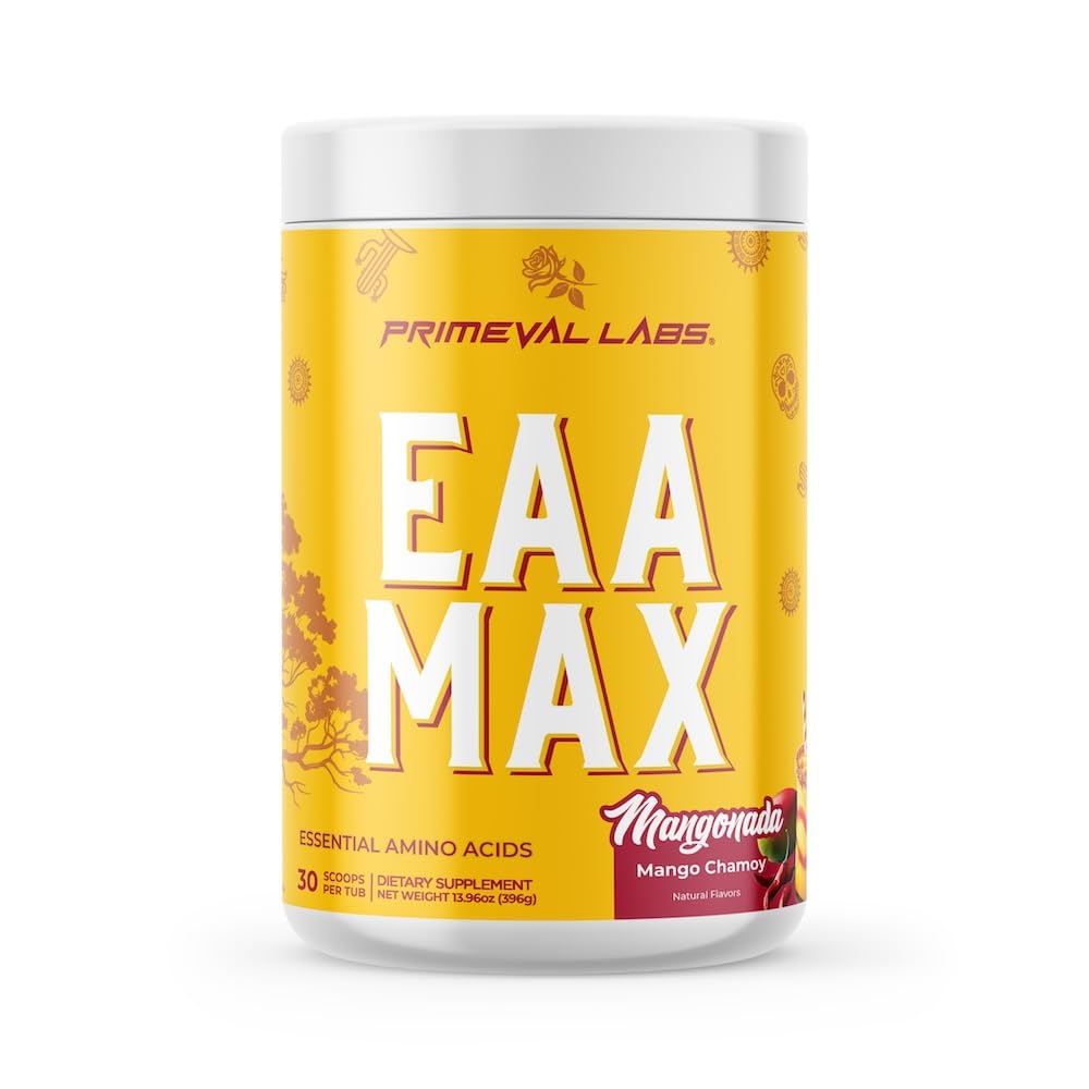 Primeval Labs EAA Max Energy tub label shows full amino acid spectrum for recovery support.