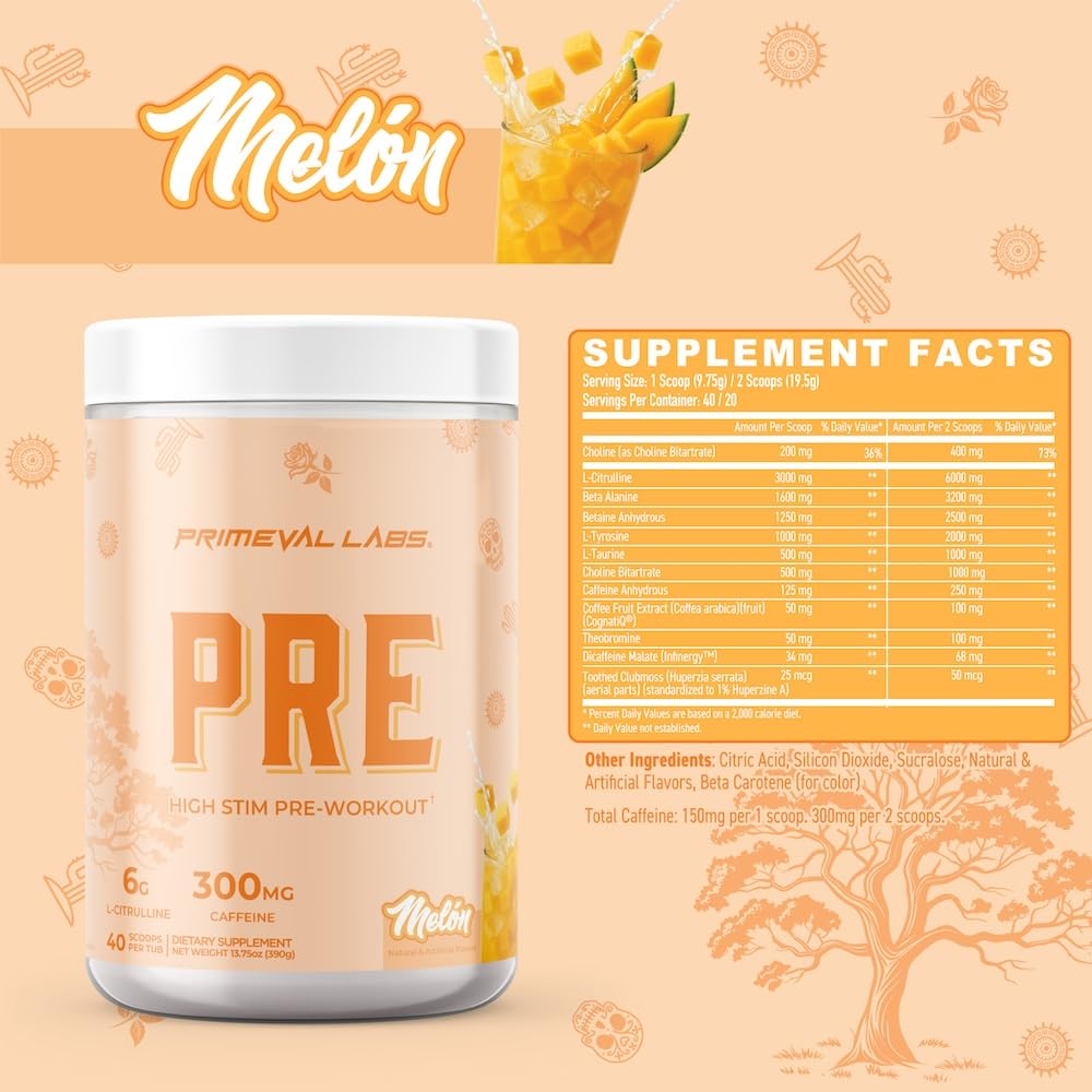 Primeval Labs PRE Melon scoop shows high-stim formula for intense workouts.