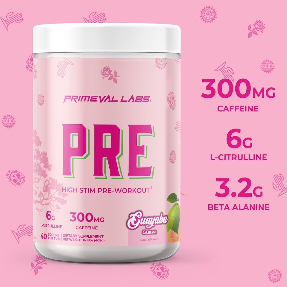 Primeval Labs PRE high-stim tub packaging with 40 servings