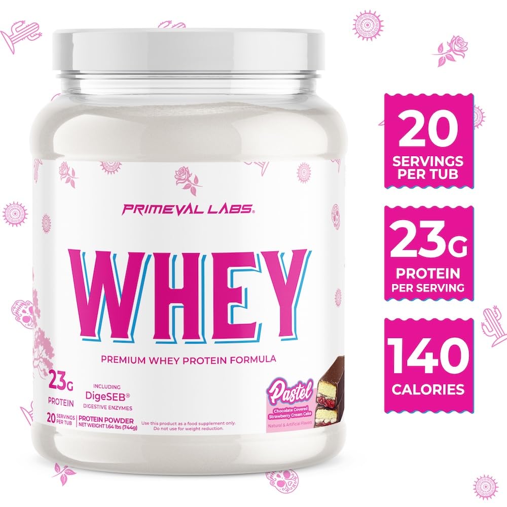 Primeval Labs Pure Whey Concentrate box shows digestive enzymes for better digestion.