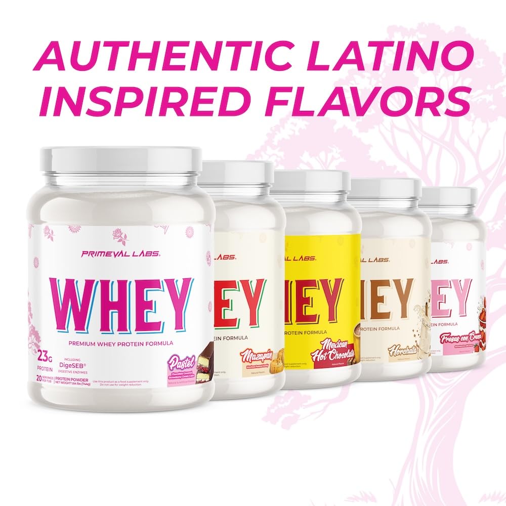 Primeval Labs Pure Whey Concentrate tub with label emphasizes high protein per serving.