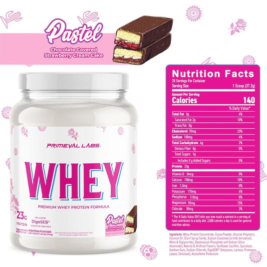 Primeval Labs Pure Whey Concentrate scoop highlights convenient serving and quick mix.