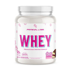 Primeval Labs Pure Whey Protein Concentrate tub front for clean protein and lean gains.