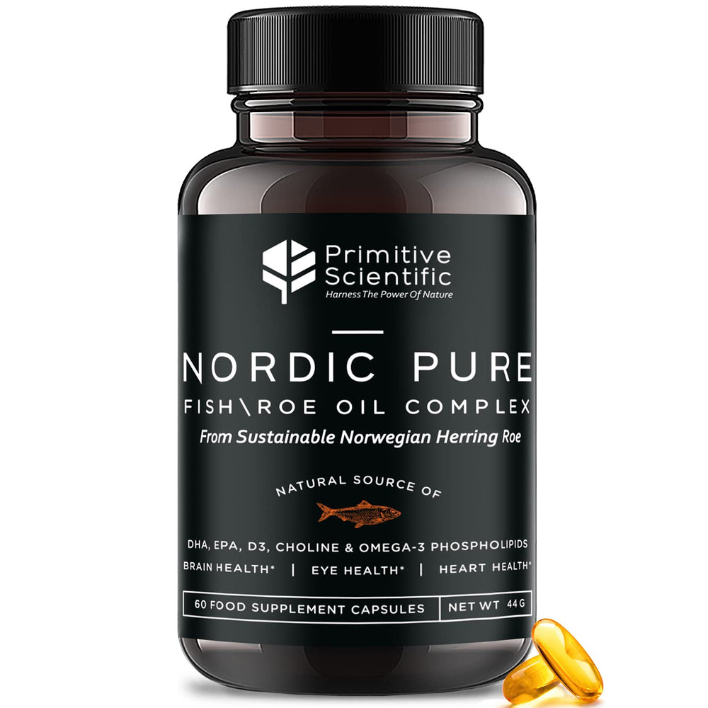 Primitive Scientific Nordic Pure Oil Complex bottle with omega-3 capsules for brain support.