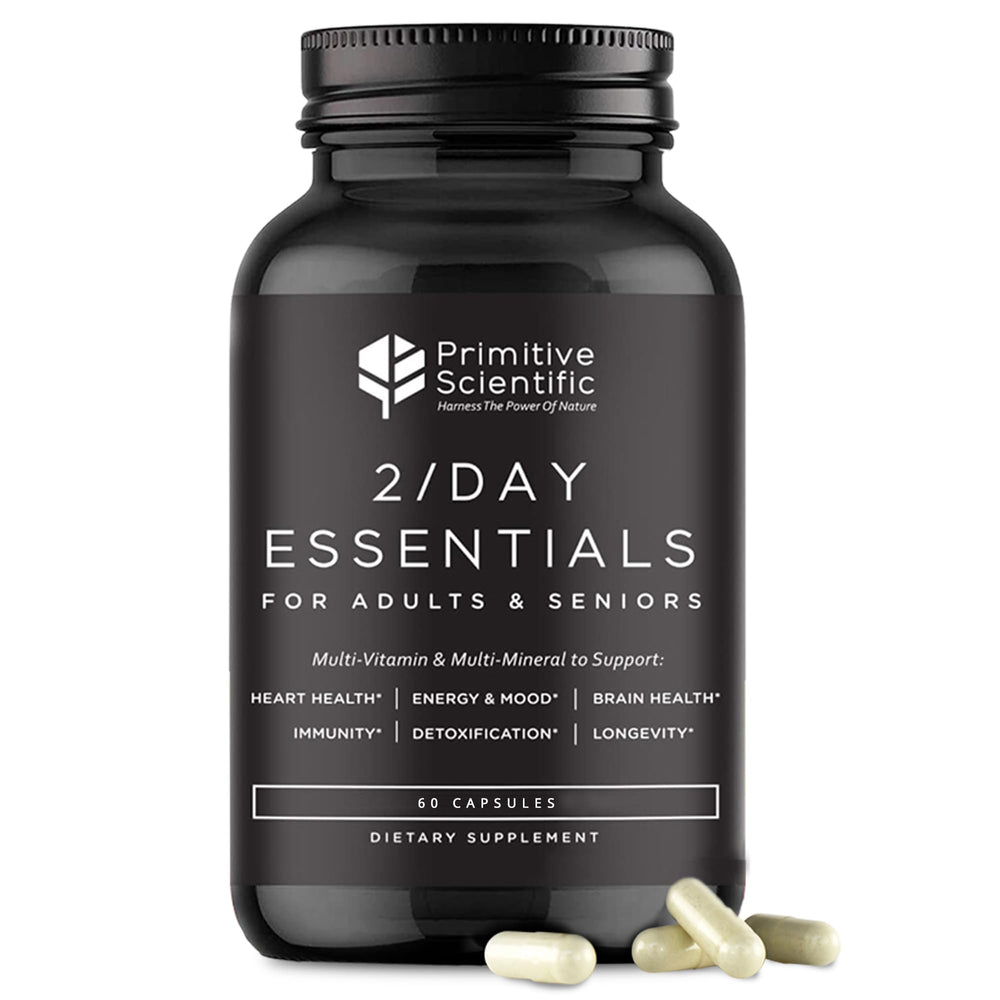 Primitive Scientific bottle pour shows whole-food daily essential vitamins for daily nutrition.