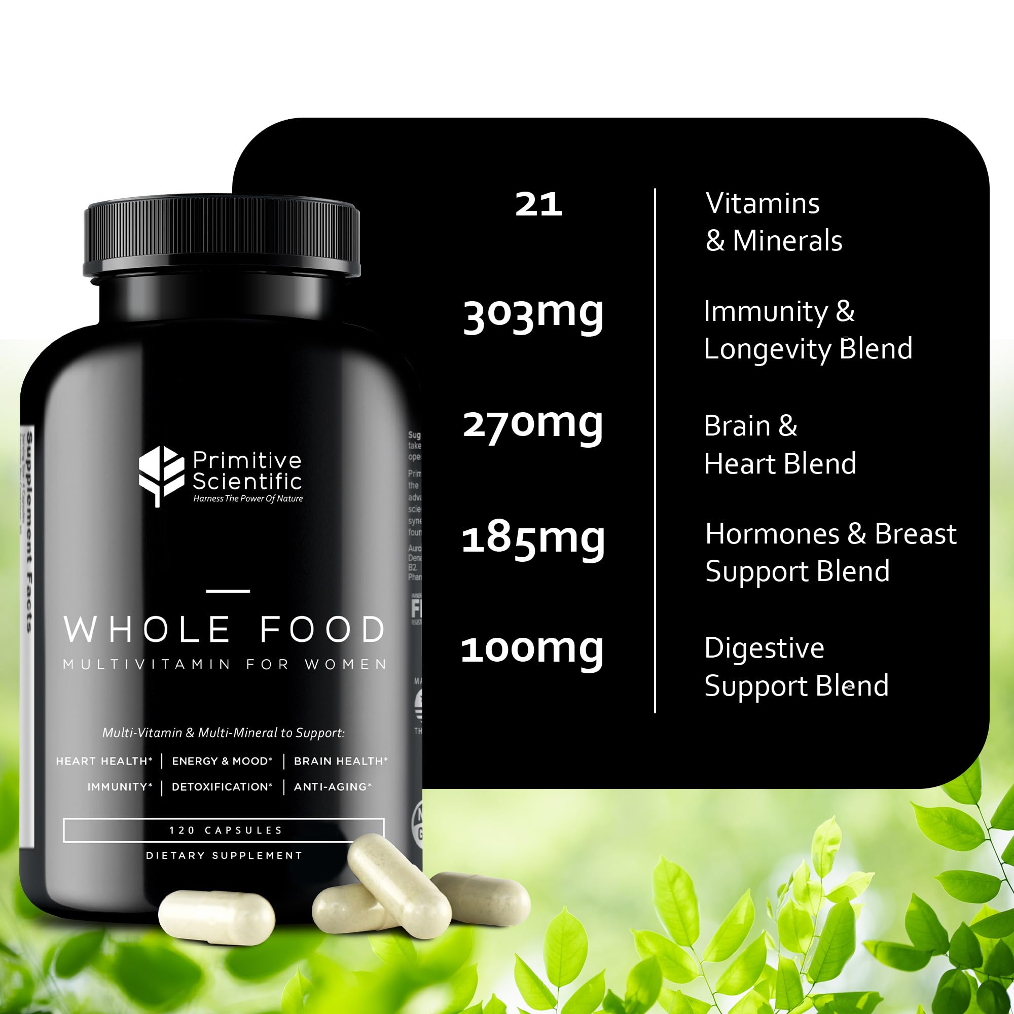 Primitive Scientific women's multivitamin label close-up showing natural ingredients and non-GMO notes.