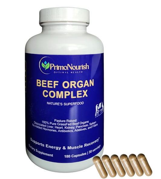 PrimoNourish Grass-Fed Beef Organ Complex bottle front promotes overall wellness through organ-rich nutrition.