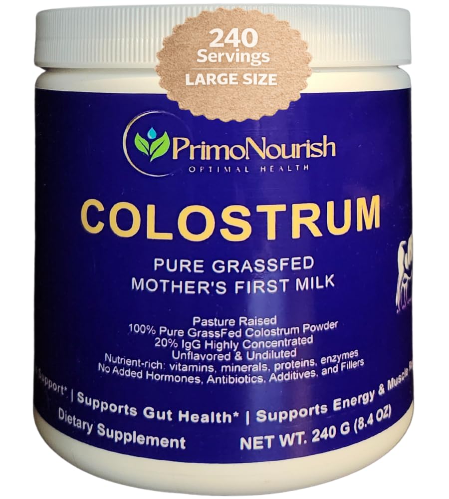 PrimoNourish grass-fed colostrum powder container shown for immune support and gut wellness.