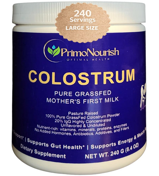 PrimoNourish grass-fed colostrum powder container shown for immune support and gut wellness.
