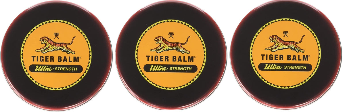 Prince Of Peace Tiger Balm Sport Rub Ultra Strength 1.70 oz pack of three bottles for temporary relief.