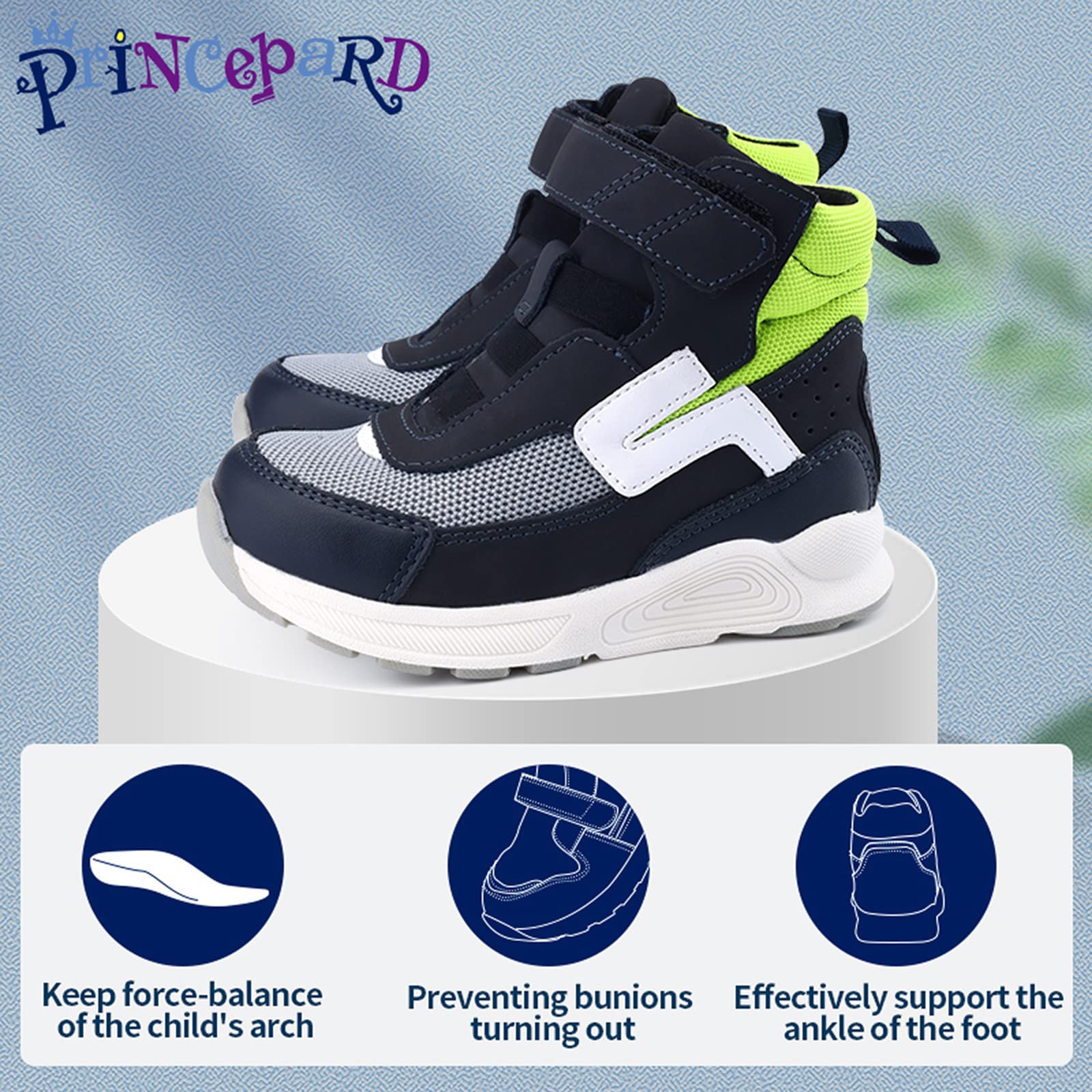 Princepard orthopedic kids shoes green ankle support for secure fit during play.