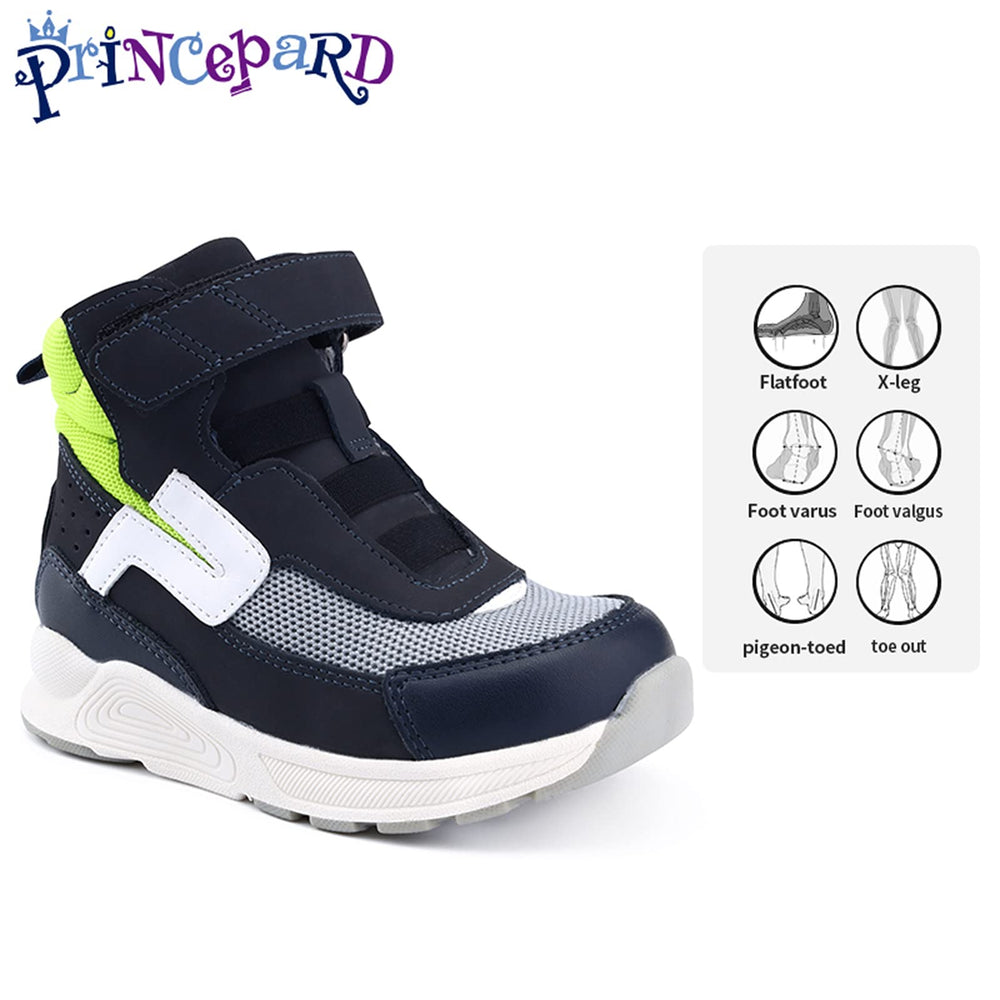 Princepard orthopedic kids shoes green side view highlights arch support for balanced walking.