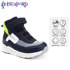 Princepard orthopedic kids shoes green side view highlights arch support for balanced walking.