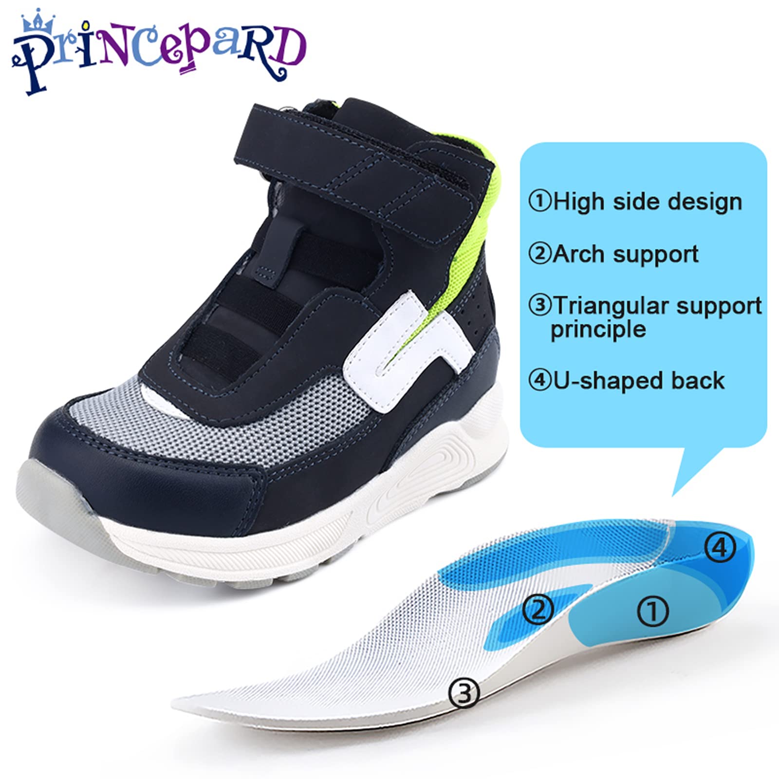 Princepard orthopedic kids shoes green sole close-up shows anti-slip grip for safety.