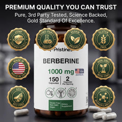 PRISTINE'S Berberine capsules dosage close-up shows serving size for daily use