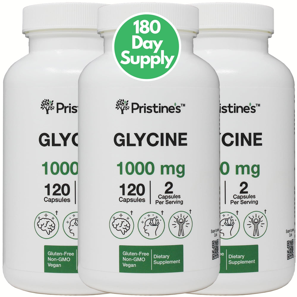 PRISTINE'S Glycine 1000mg capsules bottle for relaxation and rest