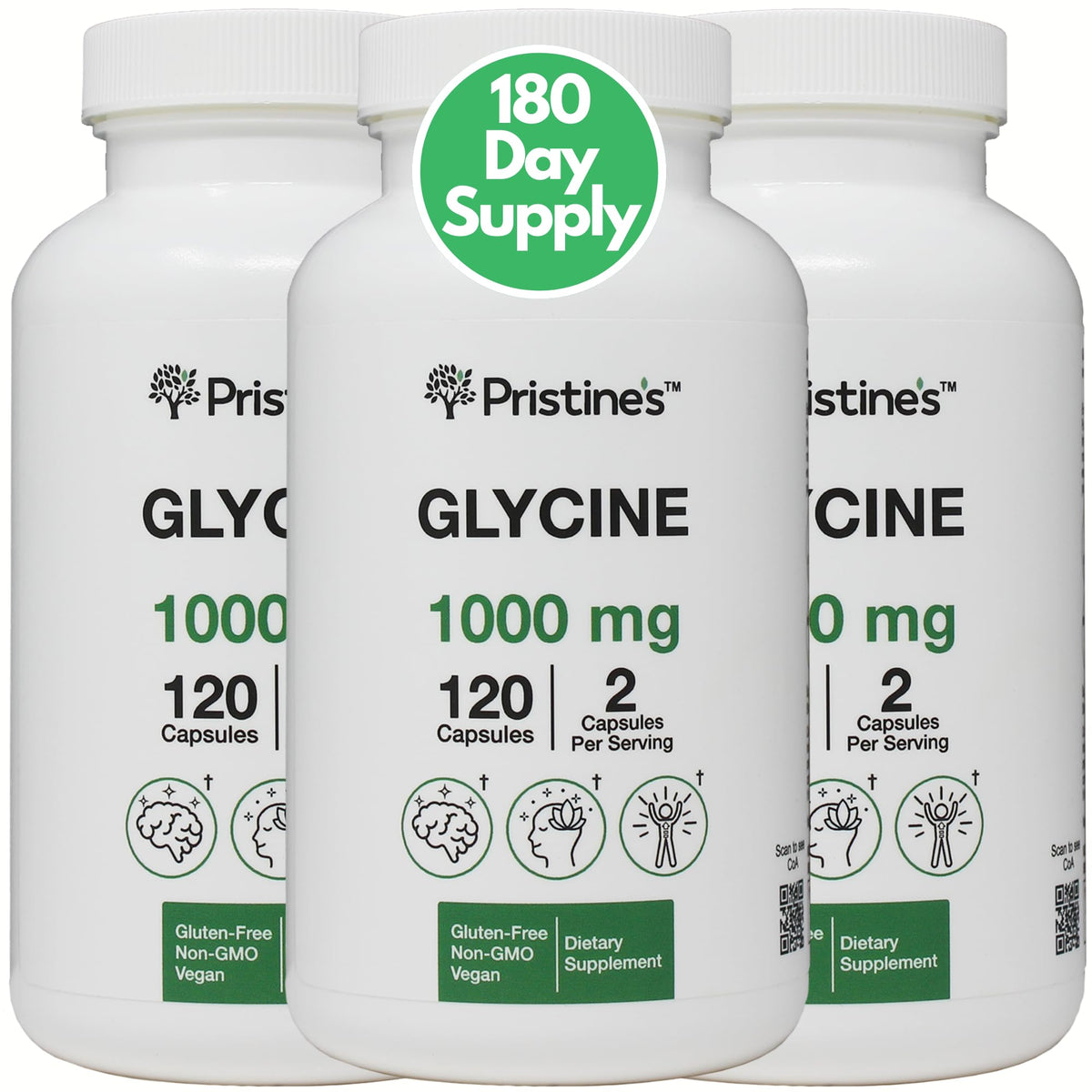 PRISTINE'S Glycine 1000mg capsules bottle for relaxation and rest