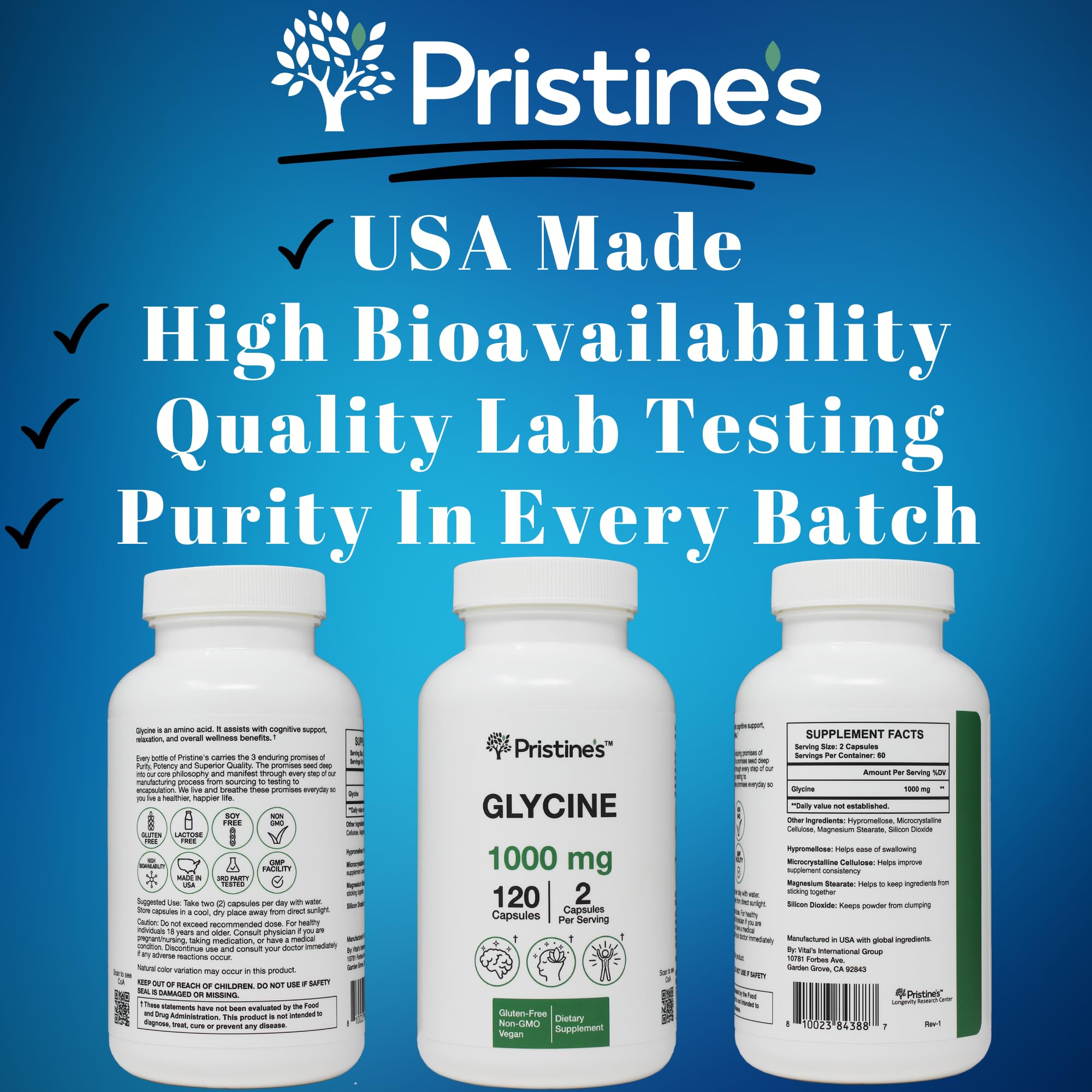 Vegan gluten-free label on PRISTINE'S Glycine product