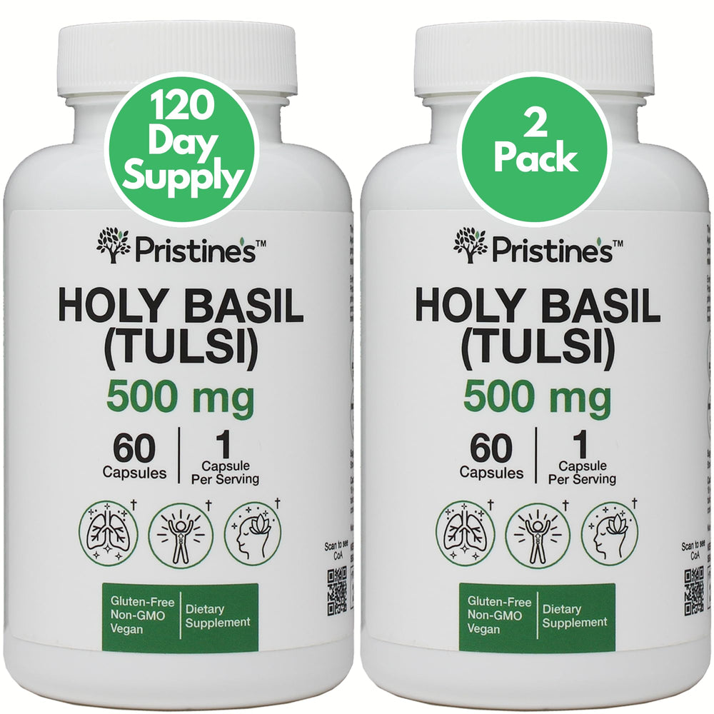 PRISTINE'S Holy Basil 500 mg bottle on a clean counter, highlighting daily balance.
