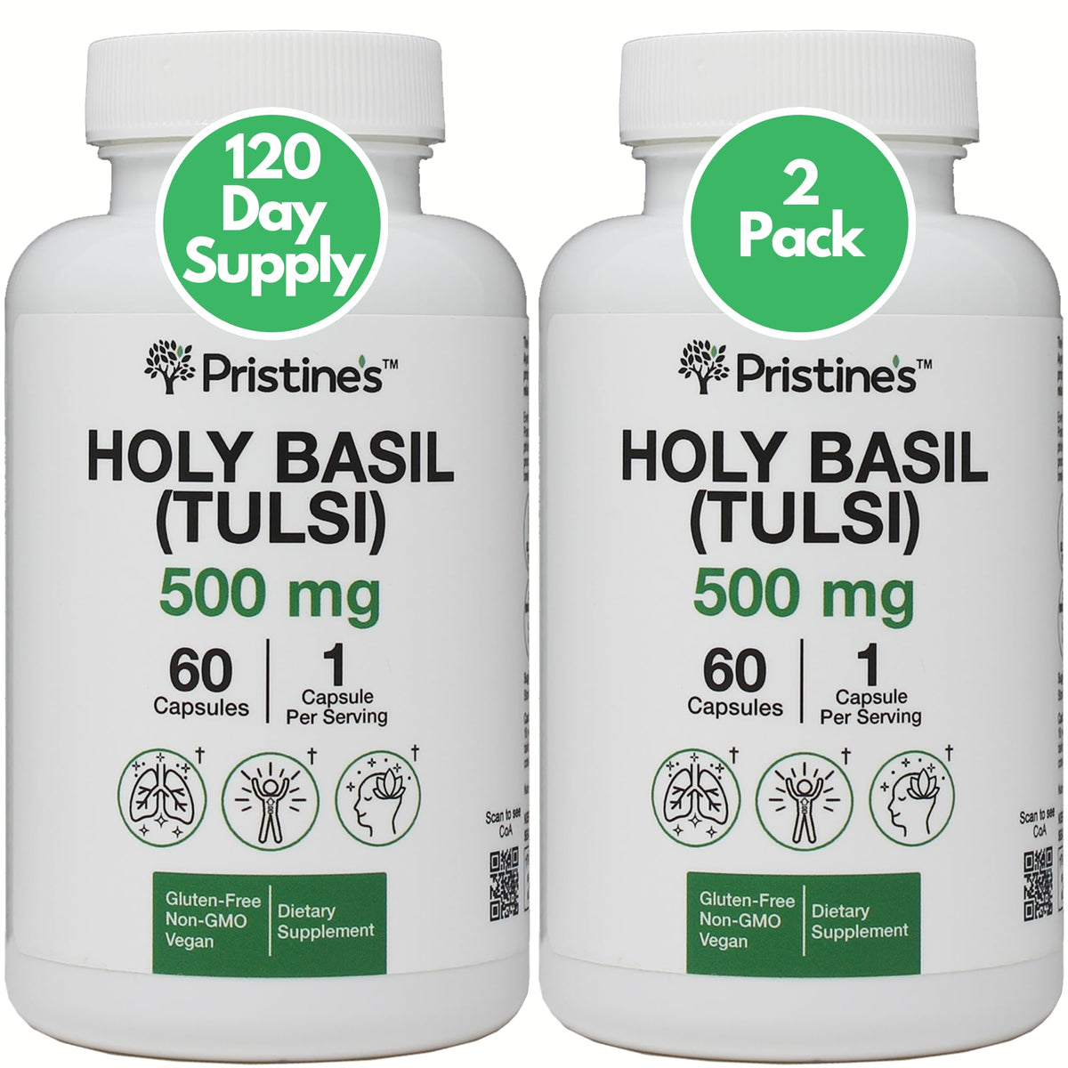 PRISTINE'S Holy Basil 500 mg bottle on a clean counter, highlighting daily balance.