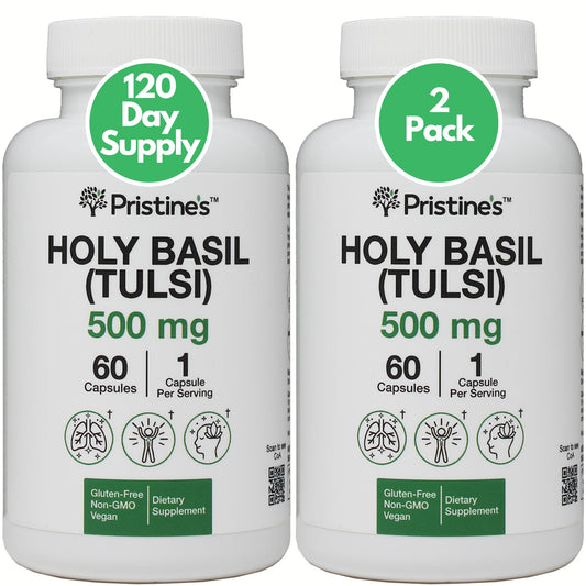 PRISTINE'S Holy Basil 500 mg bottle on a clean counter, highlighting daily balance.