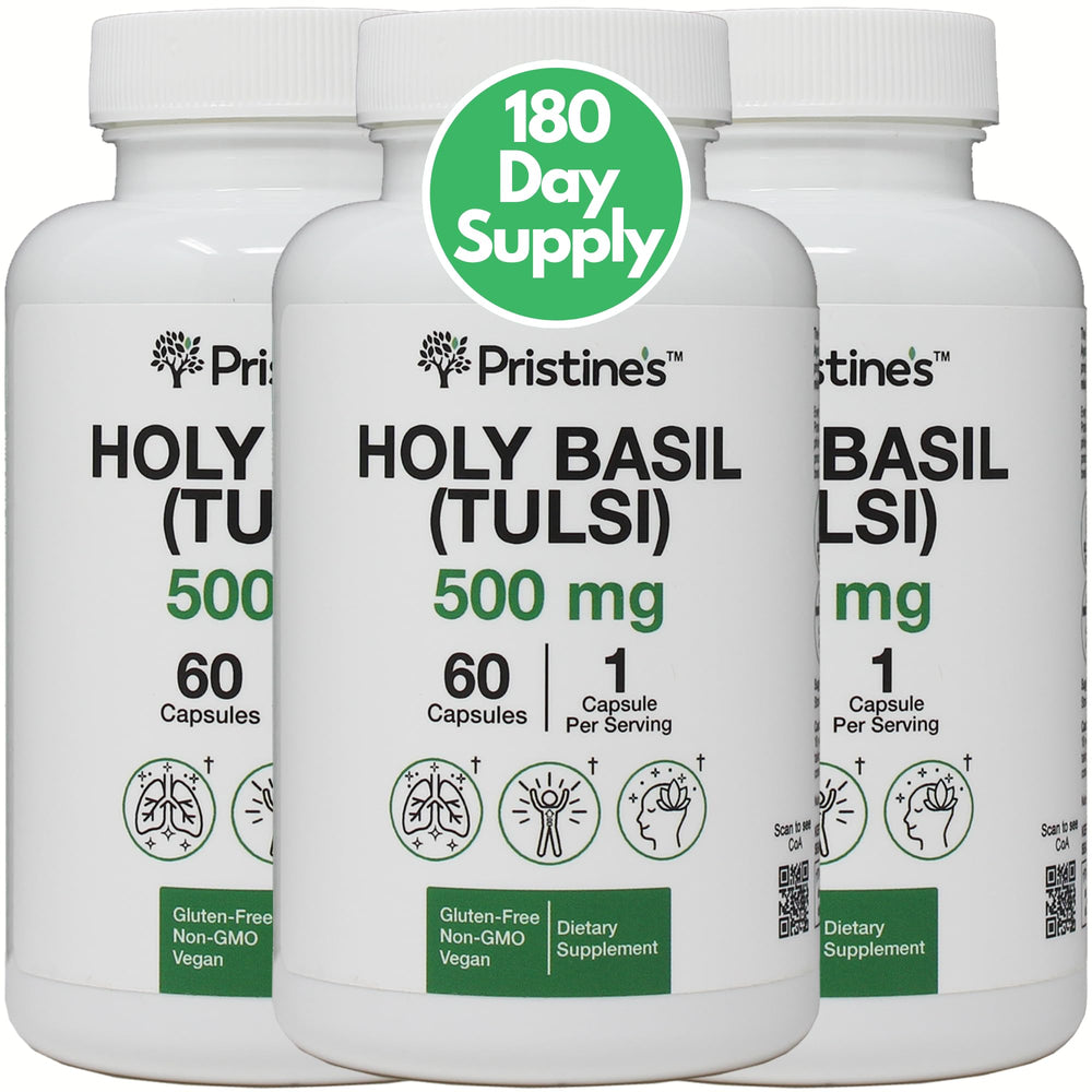 PRISTINE'S Holy Basil bottle pour shows easy daily use for immune-support routine.