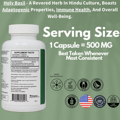 Label closeup on PRISTINE'S Holy Basil emphasizes natural ingredients and purity.