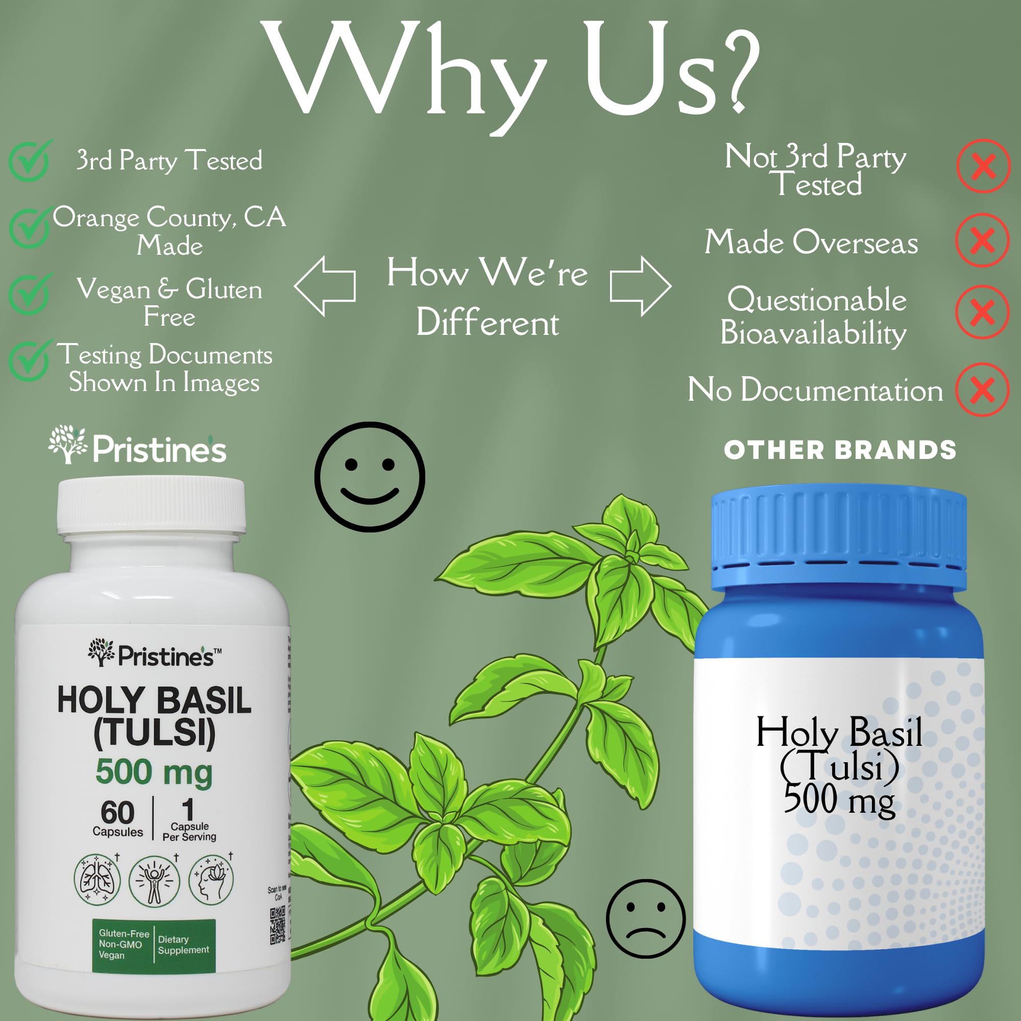 PRISTINE'S Holy Basil vegan symbol signals plant-based wellness option.
