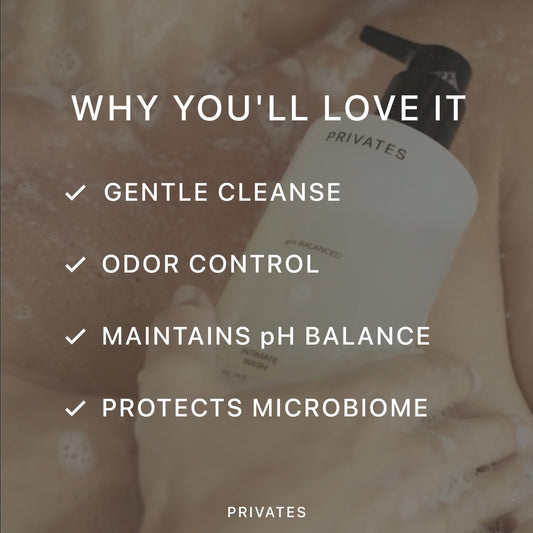 Privates intimate wash pump emphasizes easy daily use and hydration.