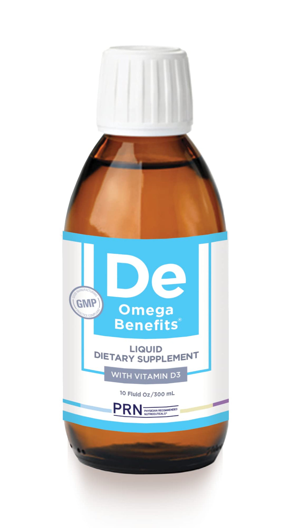 PRN DE Omega liquid bottle showcases a premium eye support supplement for daily use.
