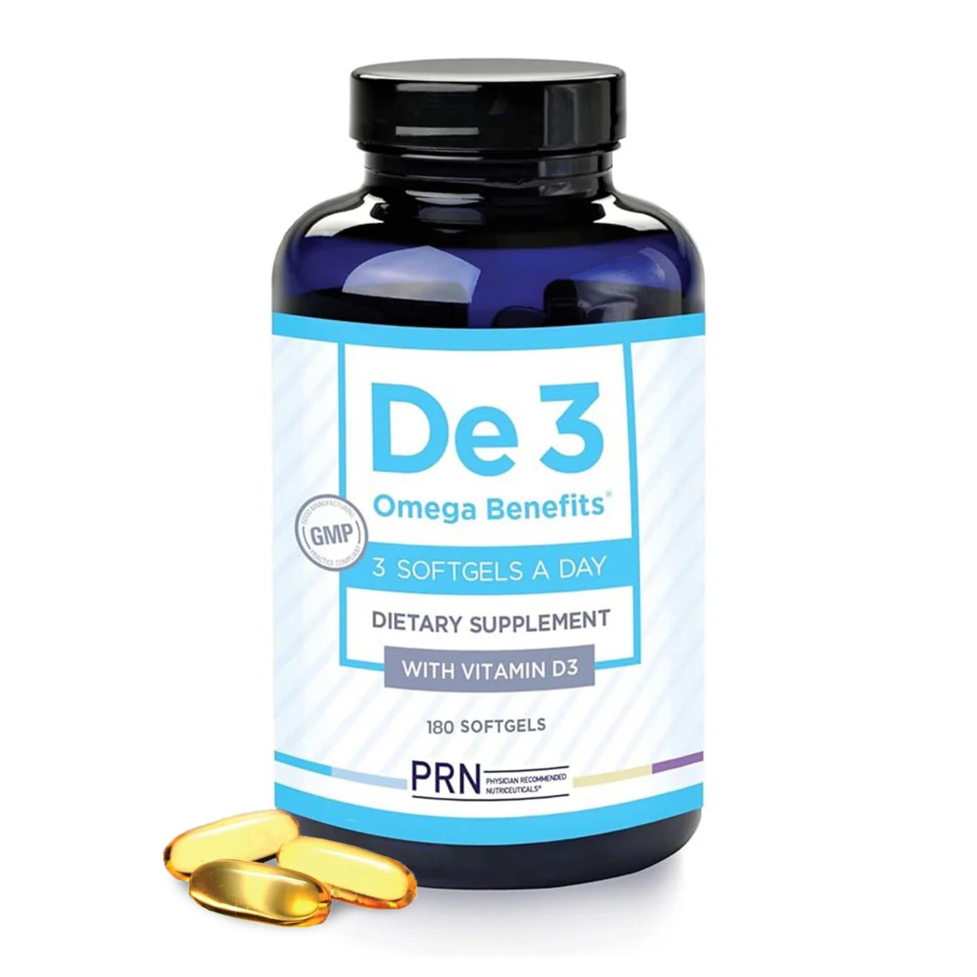 PRN De3 dry eye bottle with burpless omega-3 for eye comfort.