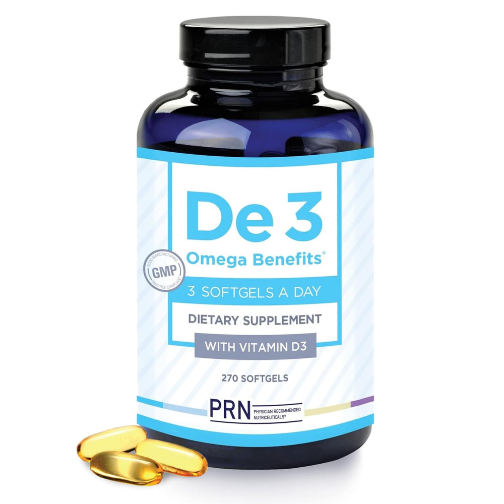 PRN De3 Dry Eye Omega-3 bottle with capsules for daily eye comfort.