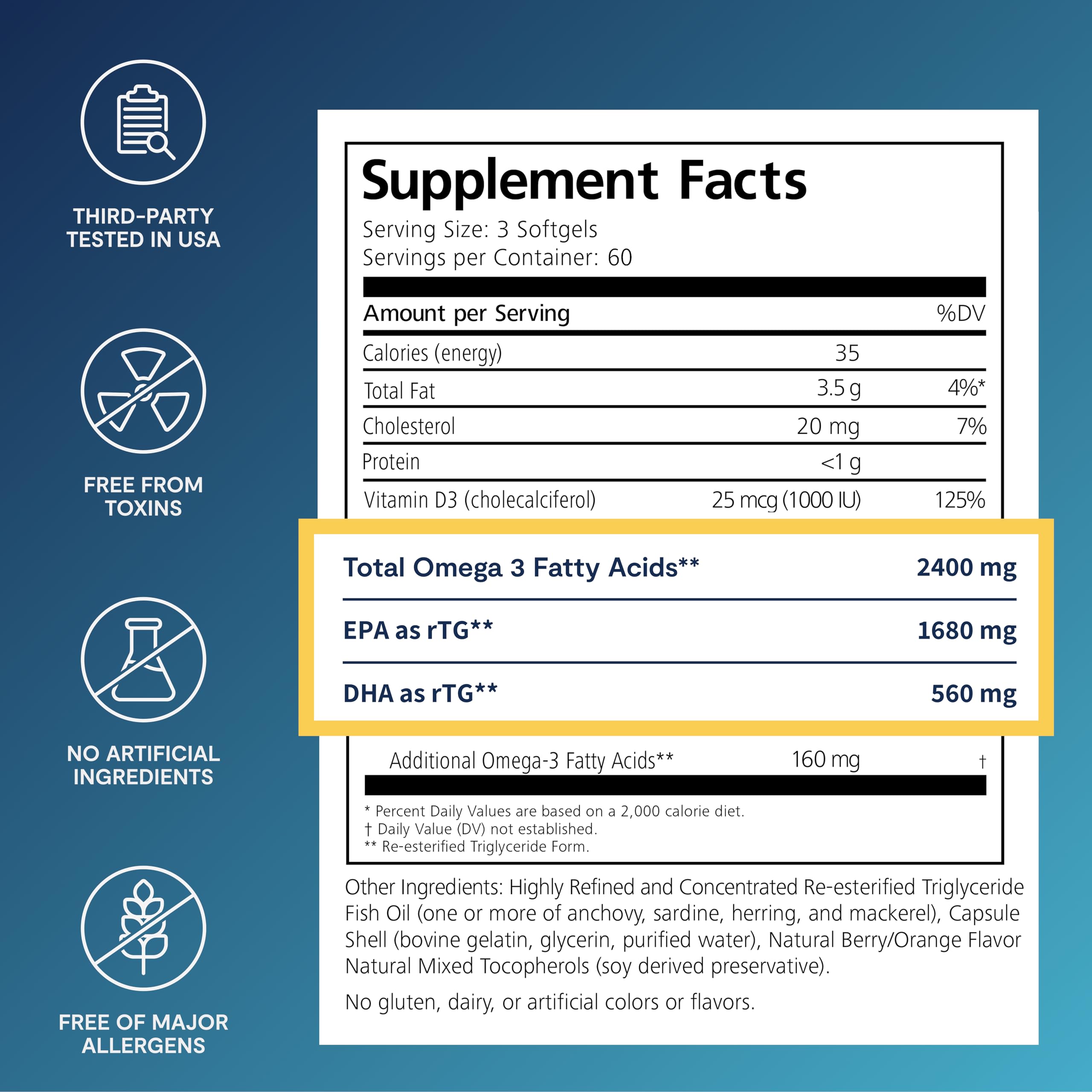 PRN De3 softgels closeup highlighting three-per-day serving.