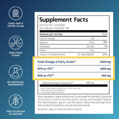 PRN De3 softgels closeup highlighting three-per-day serving.