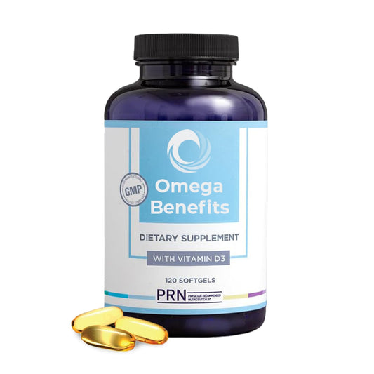 PRN Omega 3 bottle front showing 120 softgels for daily support.