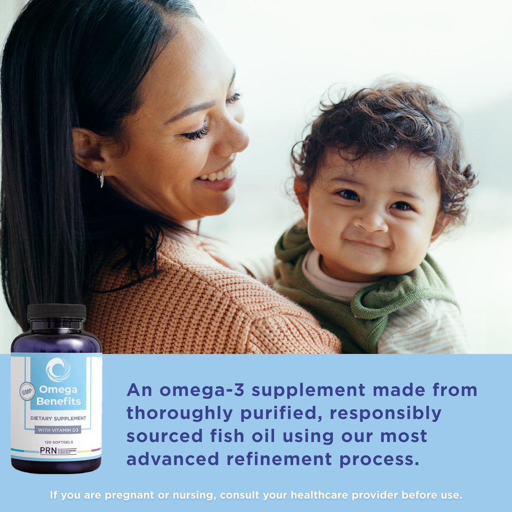 Close-up of PRN Omega 3 softgels, easy swallow and no fishy aftertaste.
